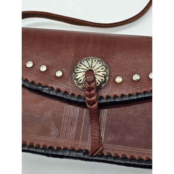 Vintage Four Winds Leather Crossbody Purse Handbag,Pewter Accents Western Boho - Picture 2 of 15
